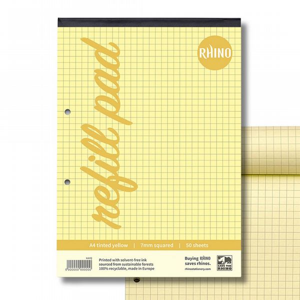 RHINO A4 Yellow Paper Refill Pad 100 Page 7mm Squared (Pack of 6)