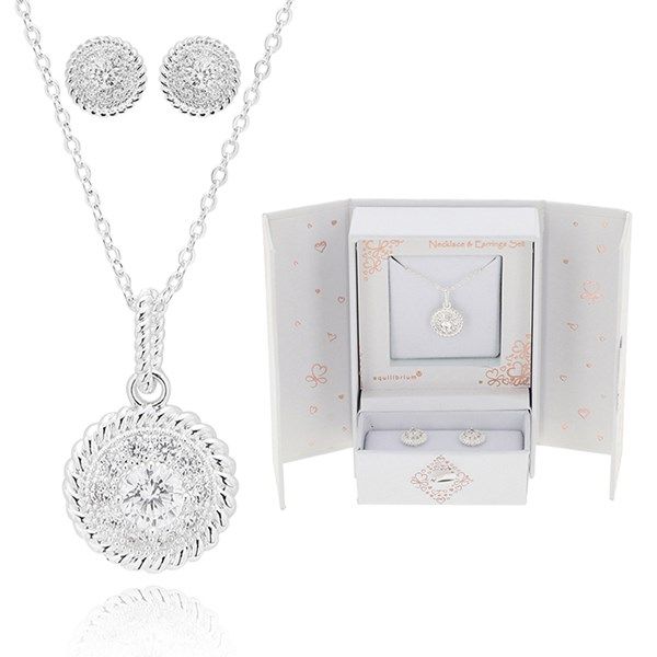Equilibrium Gift Set Silver Plated Solitaire Necklace & Earrings