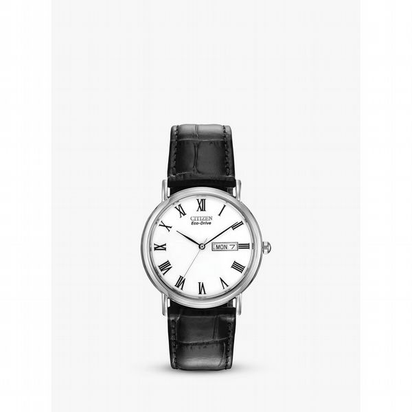 Citizen Men's Eco-Drive Date Leather Strap Watch, Black/White